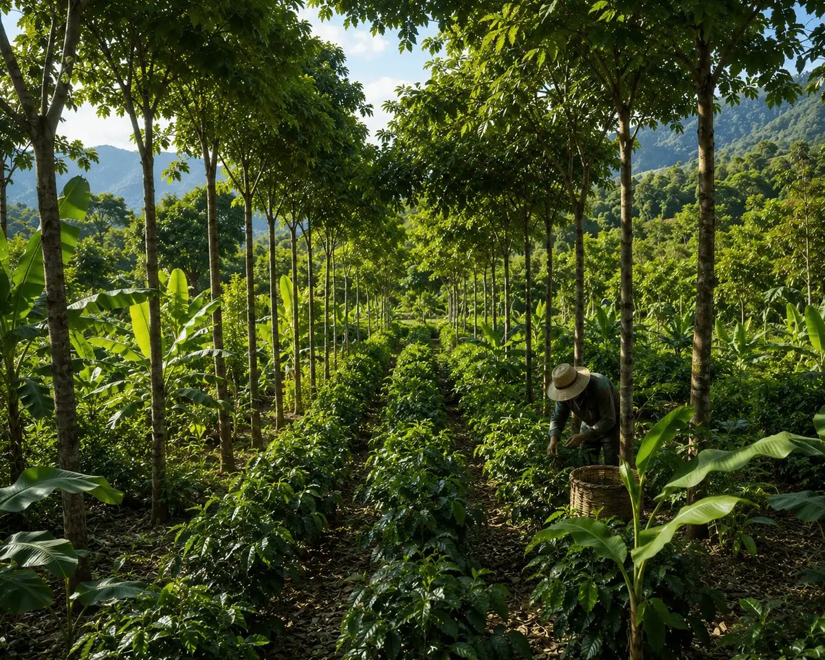 Agroforestry plantation combining timber and agricultural crops to improve biodiversity, soil health, carbon sequestration, and sustainable farm productivity.