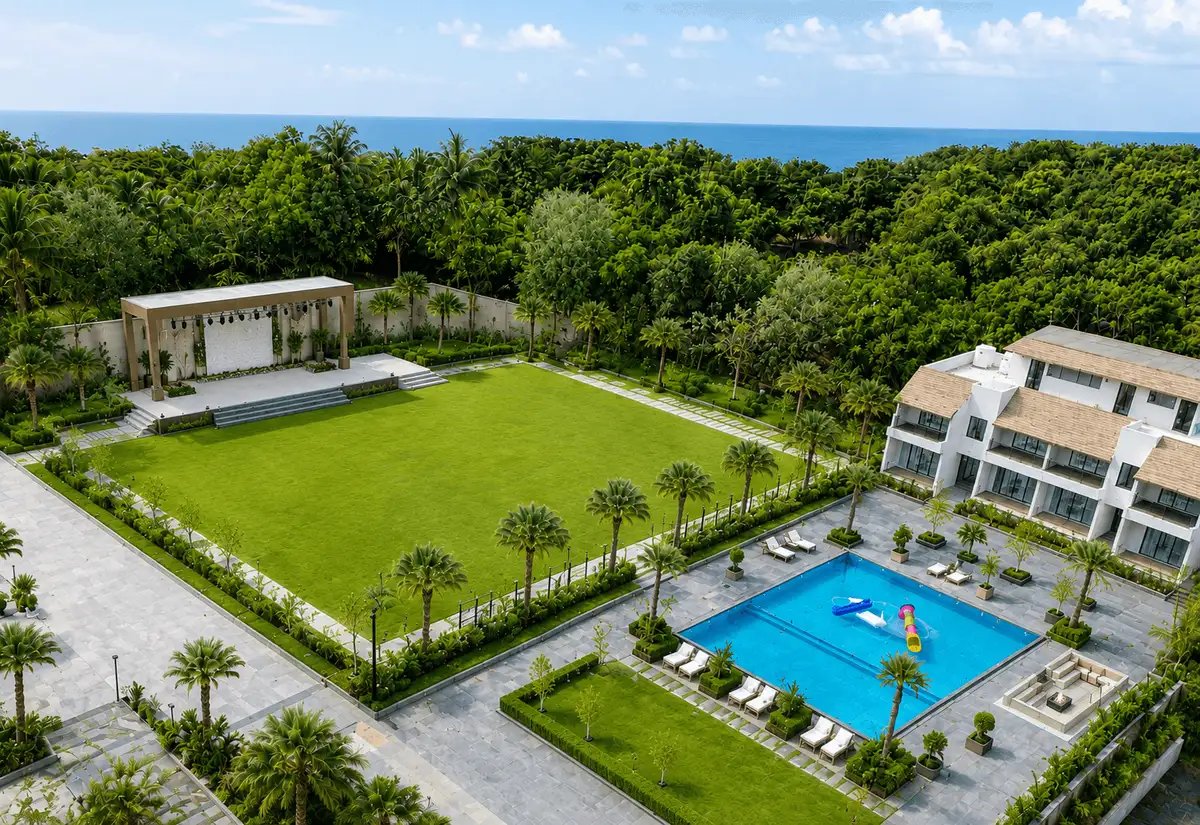 Luxury residential estate with landscaped gardens, swimming pool, and green open spaces showcasing integrated sustainable community design.