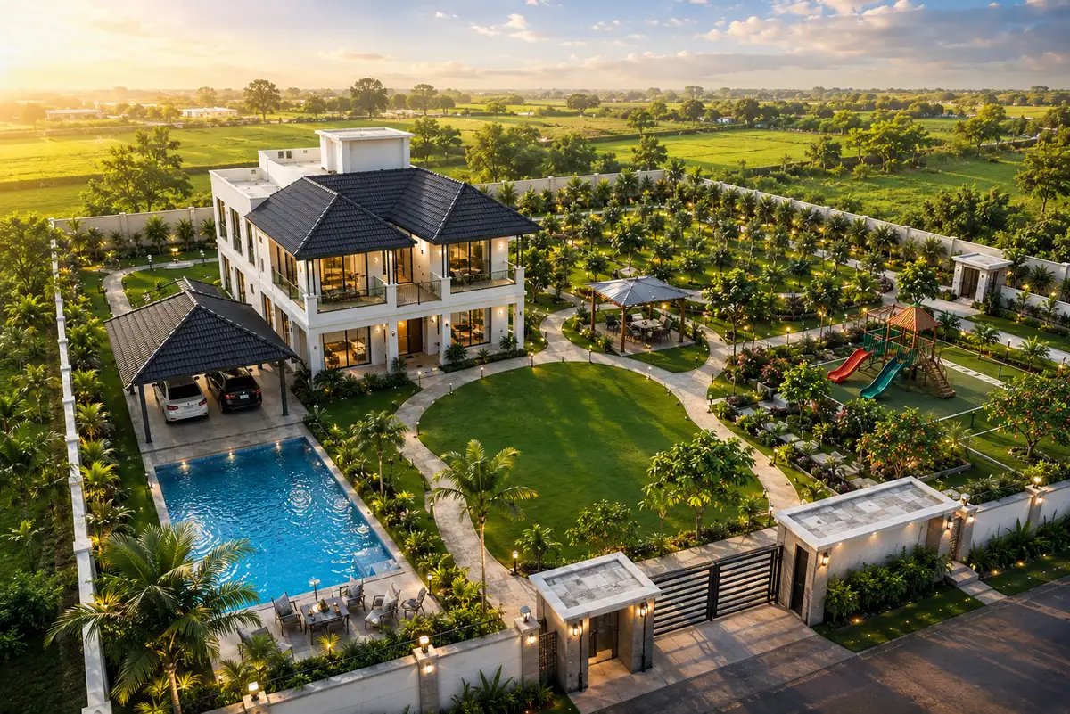 Luxury eco-estate featuring landscaped gardens, orchards, swimming pool, green open spaces, and sustainable residential living.
