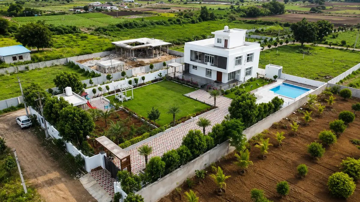 Modern eco-residency with landscaped gardens, plantation zones, paved walkways, and sustainable residential infrastructure.