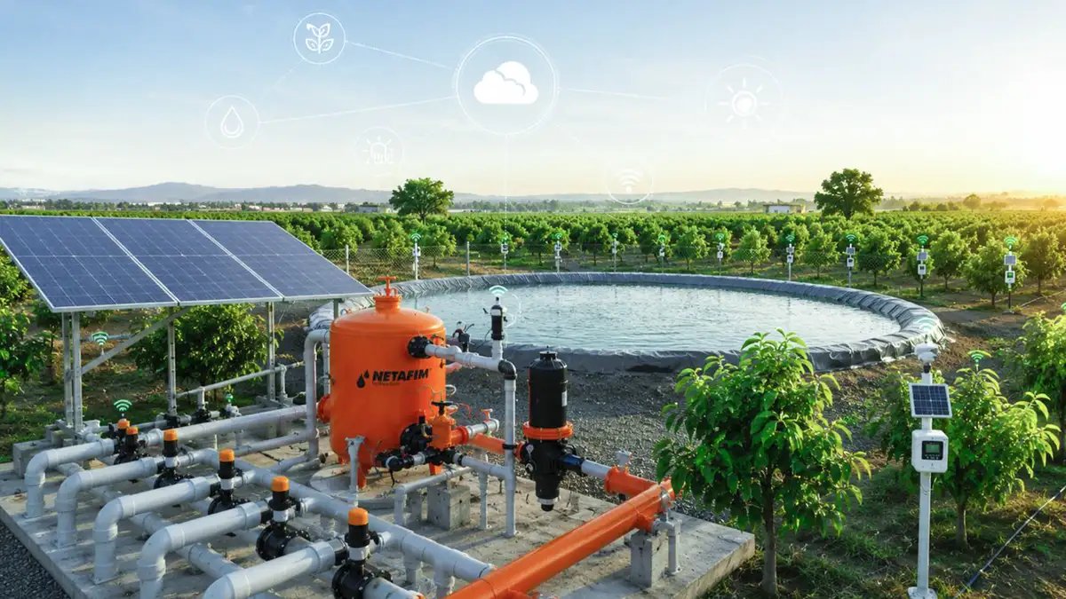 Smart irrigation system with solar-powered water management infrastructure supporting efficient and sustainable agricultural irrigation.