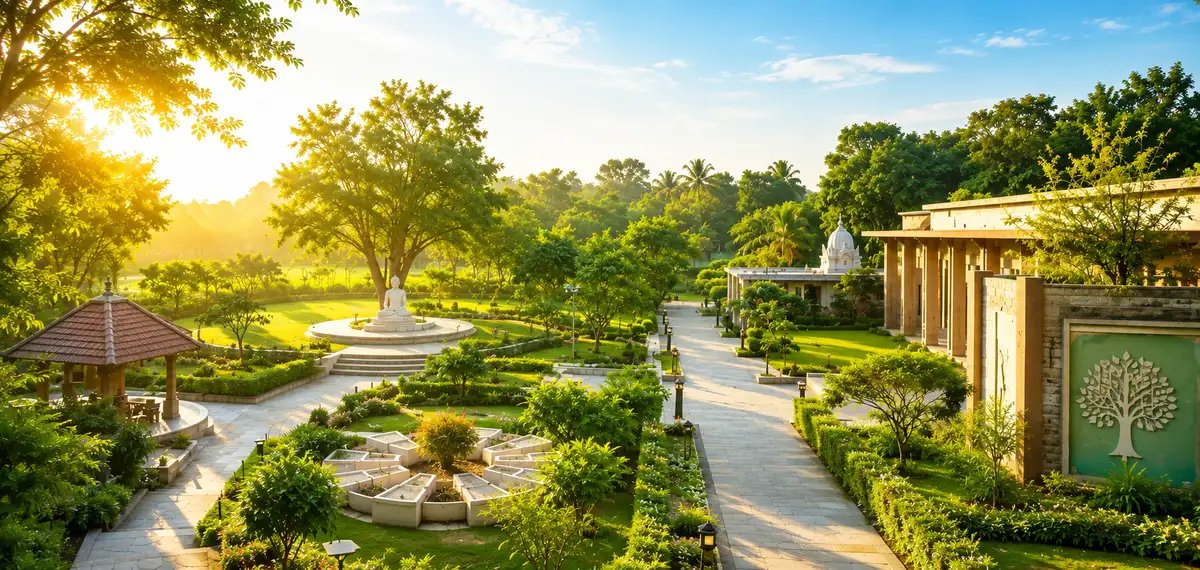 Vedic Nakshatra Vana featuring sacred plantations, meditation zones, landscaped walkways, and eco-spiritual garden design.
