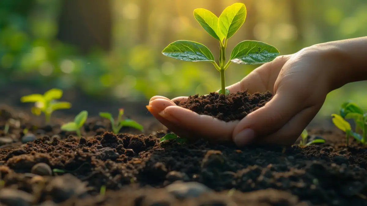 Hands planting a young sapling in fertile soil representing premium plant cultivation and sustainable nursery development.