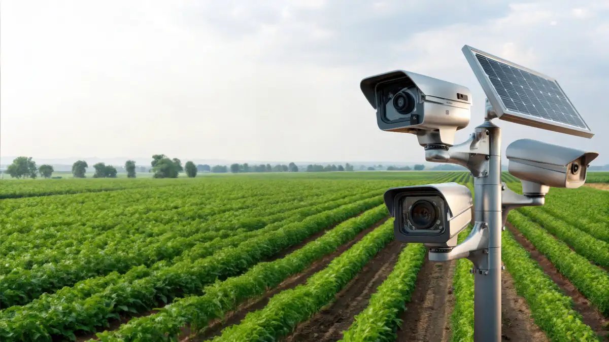 AI-powered surveillance cameras monitoring agricultural fields for farm security, asset protection, and smart land management.