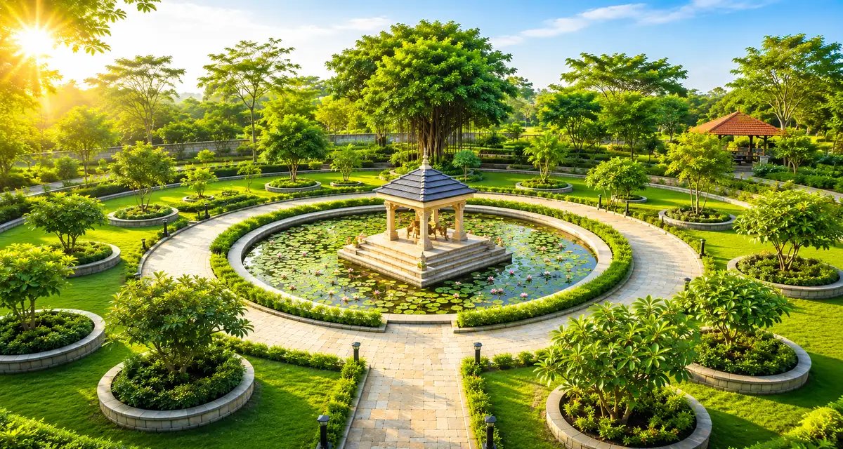 Landscaped eco-park with circular gardens, water feature, and pavilion representing sustainable green spaces and ecological design.